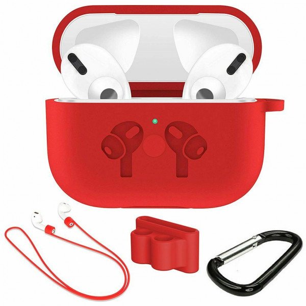 Wholesale 5 in 1 Accessories Kits Silicone Cover with Ear Hook Grips / Staps / Clip / Skin / Tips for [Airpods Pro] Charging Case (Red)